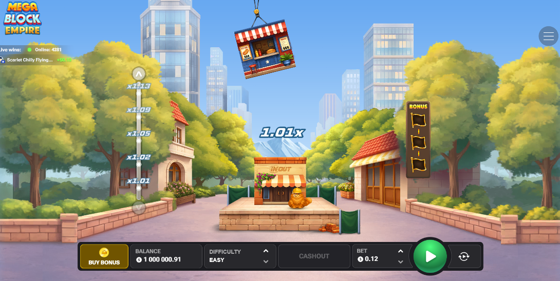 MegaBlock Empire tower-building gameplay with crane, multiplier ladder and cashout button